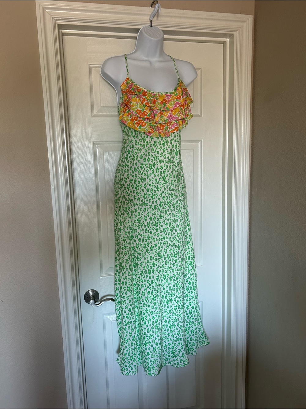 Floral Ruffle Spaghetti Strap Maxi Dress - Green & Yellow Floral, sz Medium